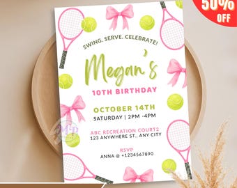 Lawn Tennis Party Invitation, Watercolor Pink Coquette Bow Invite Tennis Girl Sports Party, Editable Invitation Template Digital Download