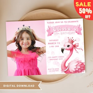 Editable Flamingo Birthday Invitation, Custom Pink Flamingo Princess Invite, Girl Birthday Party Card With Photo Template Digital