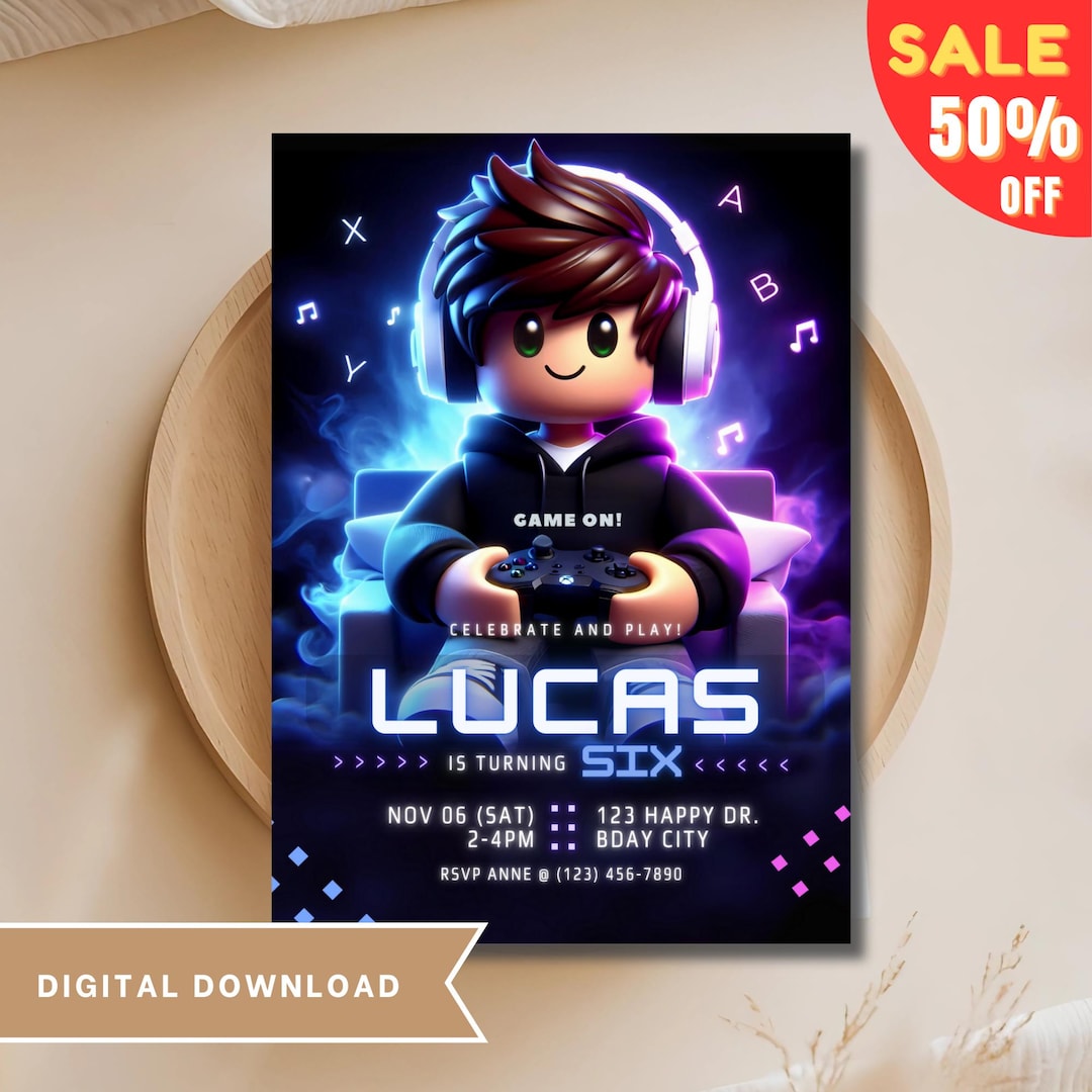 Roblox Party Invitation Template, Gaming Theme Birthday, Gamer Party ...
