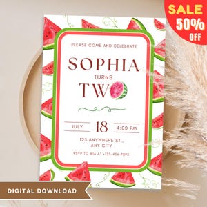 Watermelon Birthday Invitation, Editable Red Fruit Party Template, Watercolor Kids Party Invite Birthday Celebration, Digital Download