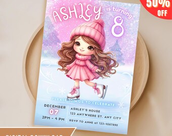 Ice Skating Party Invitation, Pink Skater Girl Birthday Invite, Winter Party Celebration, Editable Invitation Template Digital Download