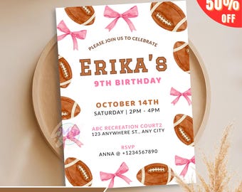 Watercolor Football Birthday Invitation with Pink Bow, Girls Sports Party Invite, Editable Football Card Template for Kids Celebrations