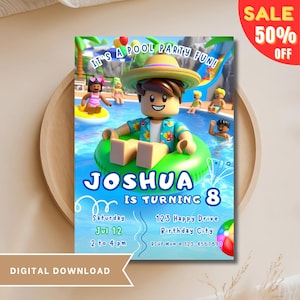 May include: A digital invitation for a pool party featuring a cartoon character in a pool with the text "It's a pool party fun! Joshua is turning 8. Saturday Jul 12 2 to 4 pm 123 Happy Drive Birthday City RSVP Mom 123-4567890"