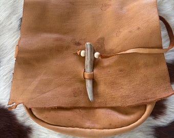 Handmade Buckskin Belt Bag: Deer Antler Button, Pre-1840 Style