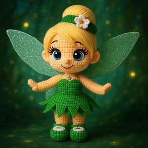 Puede incluir: Muñeca de hada de ganchillo hecha a mano con cabello rubio recogido en un moño, vestido verde y zapatos a juego. La muñeca tiene ojos azules, una expresión sonriente y alas verdes brillantes. Una flor blanca adorna el cabello.