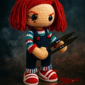 Könnte beinhalten: Gehäkelte Chucky-Puppe mit roten Garnhaaren, schwarzen Augen und genähten Narben. Die Puppe trägt eine blaue Latzhose, ein gestreiftes Oberteil und rot-weiße Turnschuhe und hält eine schwarze Schere. Das Wort "CHUCKY" steht unten in Rot.