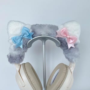 Gaming Headset Cover, Cat Ear Headphone Cover with Gray Bows - Custom Fit for AirPods Max, Sony, Bose, Beats Studio, Sennheiser, Razer