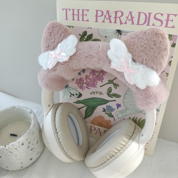 Pink Cat Ear Headphone Cover – Soft Angel Wings Furry