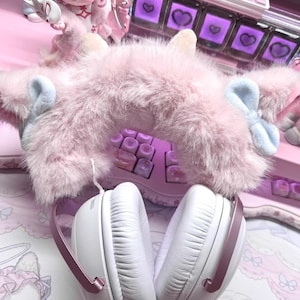 Fundas para auriculares Kawaii, orejeras de felpa hechas a mano, diseño de cinta cosida a mano con estética rosa, protección para auriculares esponjosos, calentadores de orejas peludos