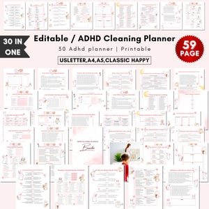 Planejador de limpeza para TDAH editável | Pacote de planejador de limpeza a4 | Lista de verificação de limpeza semanal, mensal e anual | Desorganização | Tabela de tarefas familiares