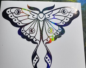 Luna Moth Decal, Boho Car Decal, Laptop Decal, Black Glitter Holographic Permanent Vinyl