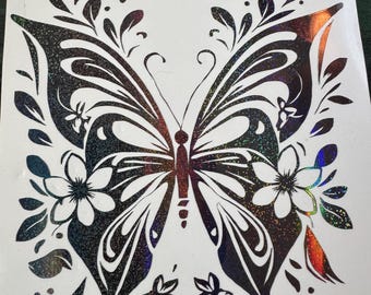 Adhesivo de mariposa, Adhesivo bohemio para coche, Regalo para ella, Adhesivo para coche de mujer, Adhesivo para portátil, Vinilo negro holográfico