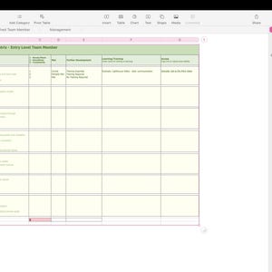 May include: A spreadsheet with a green and white grid pattern. The spreadsheet is titled "Leadership Skills and Aptitude Matrix - Entry Level Team Member". The spreadsheet has columns for "Competency Assessed", "Level", "Development", "Leadership Planning", "Evidence", and "Notes".
