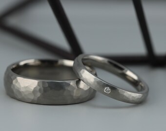 Titanium Wedding Rings Set. Hammered finish. Matching wedding rings set. Diamond Set ring. Comfort fit.