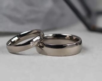 Titanium Wedding Rings Set. Polished finish. Diamond set ring. Matching wedding rings set. Comfort fit.