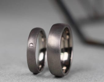 Titanium Wedding Rings Set. Ice-effect matt finish. Diamond Set Ring. Matching wedding rings set. Comfort fit.