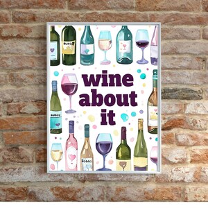 Wydruk cyfrowy Wine About It, wystrój baru, wystrój dopaminy, sztuka ścienna retro, prezenty dla mamy, sztuka baru, wydruk wina, plakat koktajlowy