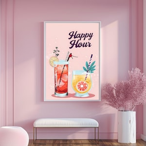 Happy Hour Cocktail Art Print Digital File, Bar Cart Prints, Kitchen Decor, Basement Bar Art, Outdoor Art, Gifts for Her, Young Adult Gift