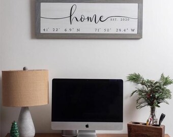 Home Established sign with coordinates and date white washed and gray stained