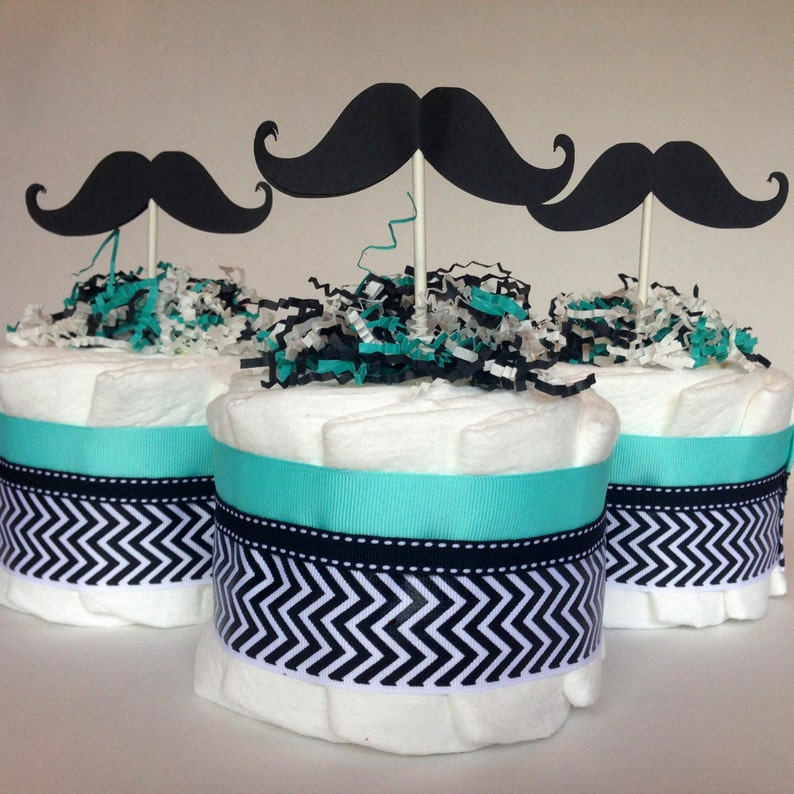 Little Man Mini Baby Diaper Cakes In Aqua Blue And Black Set Of Three Mustache Shower Bowtie Hospital Gift Decoration