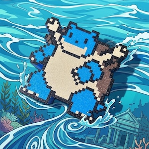 May include: A pixel art style figure of a blue and beige creature with a brown shell, depicted in a dynamic pose. The figure features a glittery texture and is set against a vibrant illustration of swirling ocean waves, coral, and underwater ruins.