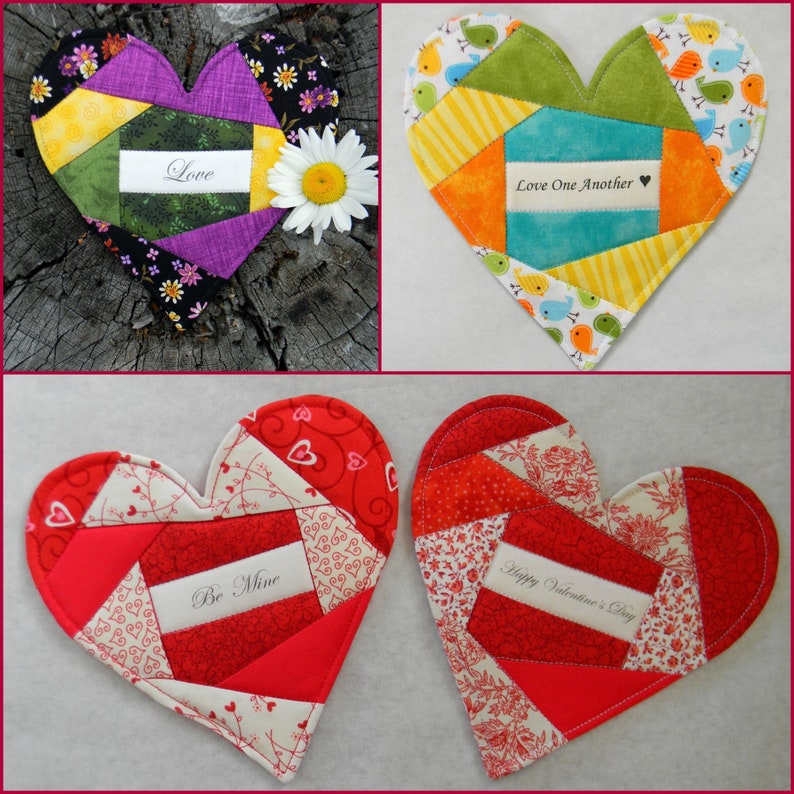 May include: Four handmade heart-shaped quilted coasters with different fabric patterns and Valentine's Day messages. The coasters feature a variety of colors, including red, green, yellow, purple, and white. The messages on the coasters include "Love", "Love One Another", "Be Mine", and "Happy Valentine's Day".