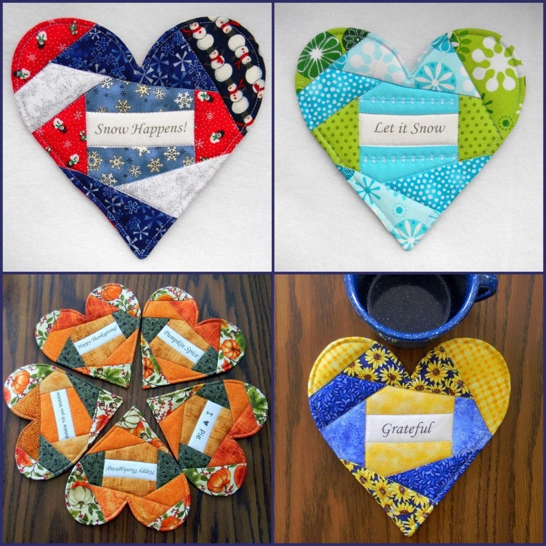 May include: Set of six heart-shaped quilted coasters with different designs and sayings. The coasters are made of fabric with various patterns, including snowflakes, pumpkins, sunflowers, and plaid. The sayings on the coasters include "Snow Happens!", "Let it Snow", "Happy Thanksgiving", "Pumpkin Spice", "I Love Pie", and "Grateful".