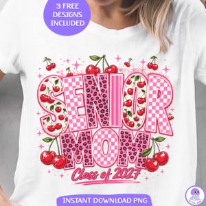 Senior Mom PNG, Cherry Class of 2027 Mom Shirt Graphic, Pink Checked Leopard Print Mom Sublimation Design, Graduation Mom Digital Download