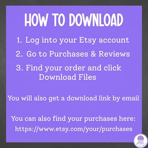K&ouml;nnte beinhalten: Eine violette Anleitungsgrafik mit wei&szlig;em Text mit der &Uuml;berschrift HOW TO DOWNLOAD. Sie listet drei Schritte auf: 1. Log into your Etsy account, 2. Go to Purchases & Reviews, 3. Find your order and click Download Files. Zudem werden E-Mail-Links und die URL etsy.com/your/purchases genannt.