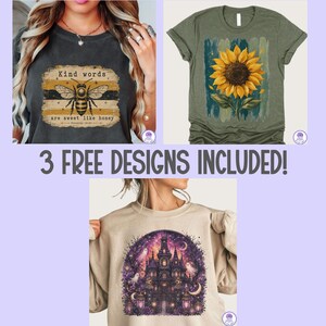 K&ouml;nnte beinhalten: Ein anthrazitfarbenes T-Shirt mit Bienenmotiv und dem Text Kind words are sweet like honey, ein olivgr&uuml;nes T-Shirt mit Sonnenblumenmotiv und ein beiges Sweatshirt mit einer violetten Spukhaus-Illustration samt Geistern.