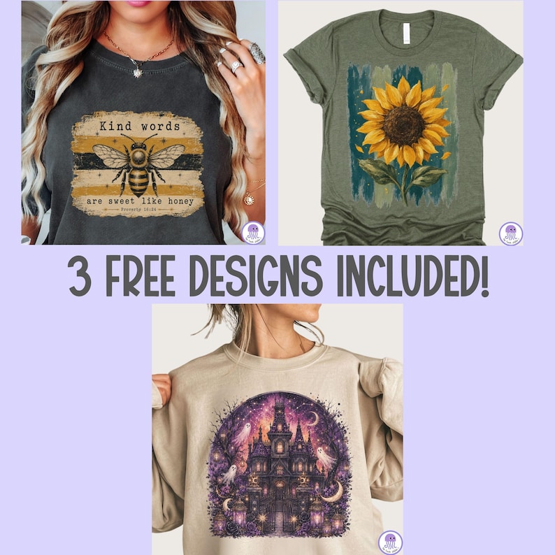 K&ouml;nnte beinhalten: Ein anthrazitfarbenes T-Shirt mit Bienenmotiv und dem Text Kind words are sweet like honey, ein olivgr&uuml;nes T-Shirt mit Sonnenblumenmotiv und ein beiges Sweatshirt mit einer violetten Spukhaus-Illustration samt Geistern.