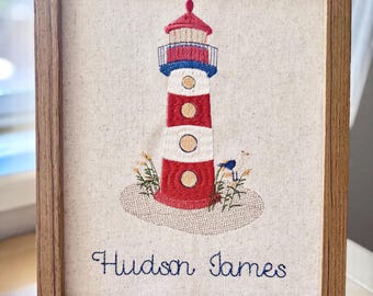 Personalized Embroidered Lighthouse Wall Art: Nautical Nursery Decor