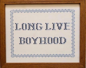 Embroidered Long Live Boyhood Sign, Vintage Cross Stitch Nursery Decor