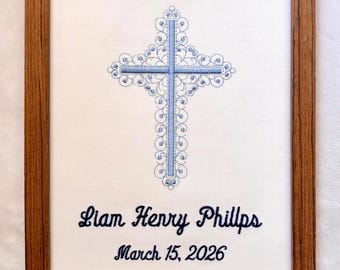 Personalized Embroidered Cross Nursery Art, Baptism Keepsake Gift