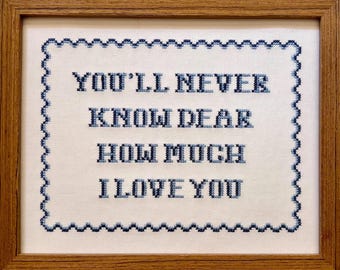 Embroidered "You’ll Never Know Dear How Much I Love You" Sign, Blue Nursery Wall Art, Baptism Gift