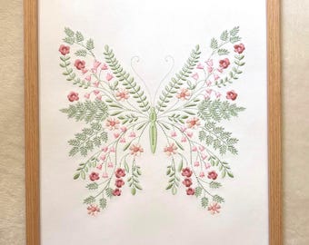 Embroidered Butterfly Floral Nursery Art, Vintage Style Baby Girl Decor