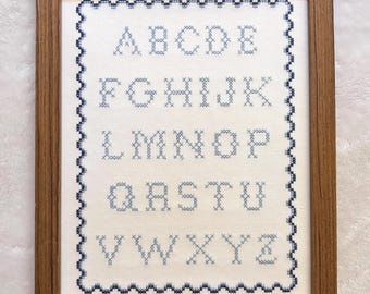 Vintage Cross Stitch Alphabet Nursery Sign | Heirloom ABC Wall Art, Blue or Pink