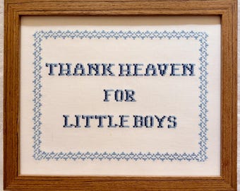 Embroidered "Thank Heaven for Little Boys" Sign, Blue Nursery Wall Art, Baptism Gift