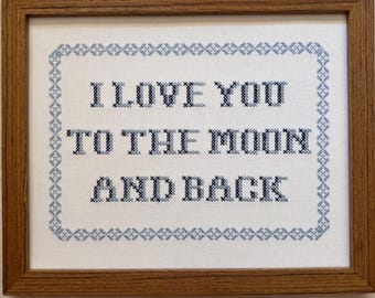 I Love You to the Moon and Back Embroidery Sign | Vintage Cross Stitch Nursery Decor