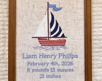 Embroidered Vintage Sailboat Birth Announcement:  Custom Heirloom Nursery Decor