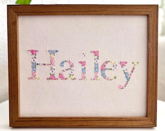 Custom Floral Embroidered Name Sign: Girl Nursery Wall Art