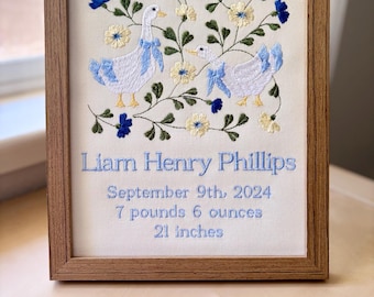 Custom Embroidered Goose Birth Announcement: Heirloom Nursery Decor