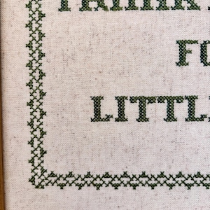 May include: A framed cross-stitch embroidery with the words "Fairies for Little" in dark green thread. The text is centered on a beige fabric, surrounded by a decorative green border.
