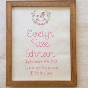 Custom Rocking Horse Embroidered Birth Announcement, Heirloom Baby Gift, Girl Nursery Wall Decor, New Baby gift, Baby Girl Nursery Art