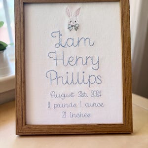 Custom Bunny Embroidered Birth Announcement Wall Art, Heirloom Baby Gift, Boys Nursery Wall Decor, Gift for New Baby, Baby Boy Nursery Art