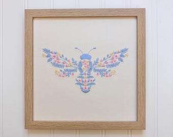 Vintage Embroidered Floral Bee Nursery Art, Pastel Garden Nursery Wall Decor