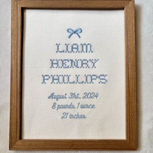 Antique Cross Stitch Embroidered Birth Announcement: Heirloom Baby Boy Nursery Decor