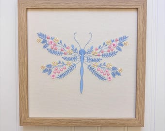 Embroidered Floral Dragonfly Nursery Art, Pastel Cottagecore Baby Decor