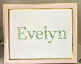 Custom Embroidered Botanical Name Art: Floral Nursery Decor