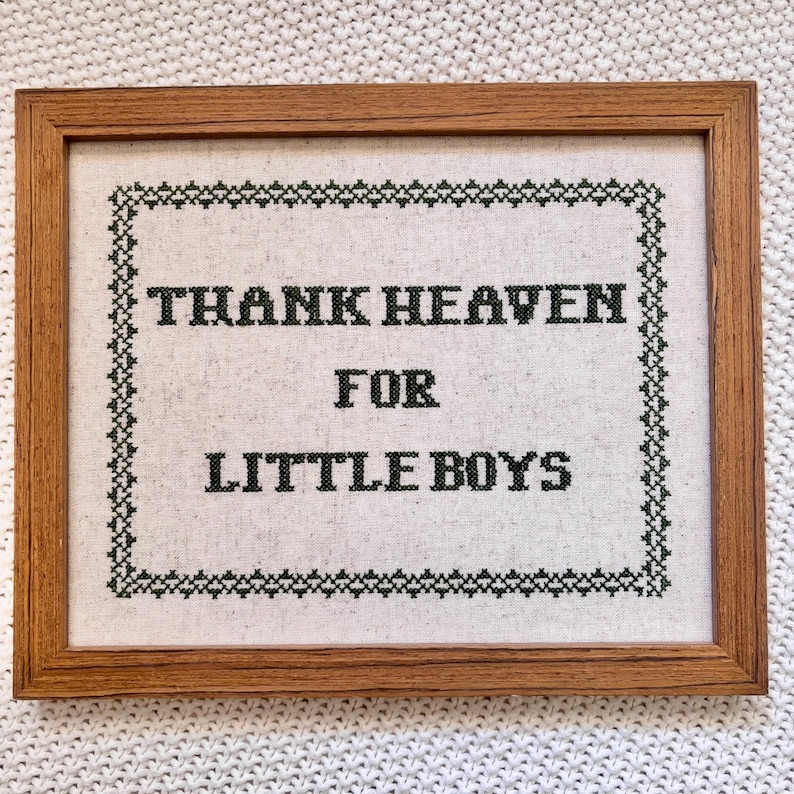 May include: Cross-stitch artwork in a wooden frame. The text "THANK HEAVEN FOR LITTLE BOYS" is stitched in black thread on a light-colored fabric. The frame is a warm brown color, and the background is a white, textured surface.